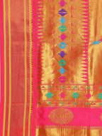 Double pallu paithani saree silk blend in yellow and pink with chakra phool meena butti - pallu detail showing woven motif design for party wear