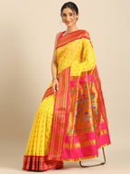 Double pallu paithani saree silk blend in yellow and pink with chakra phool meena butti - styled model view for party wear