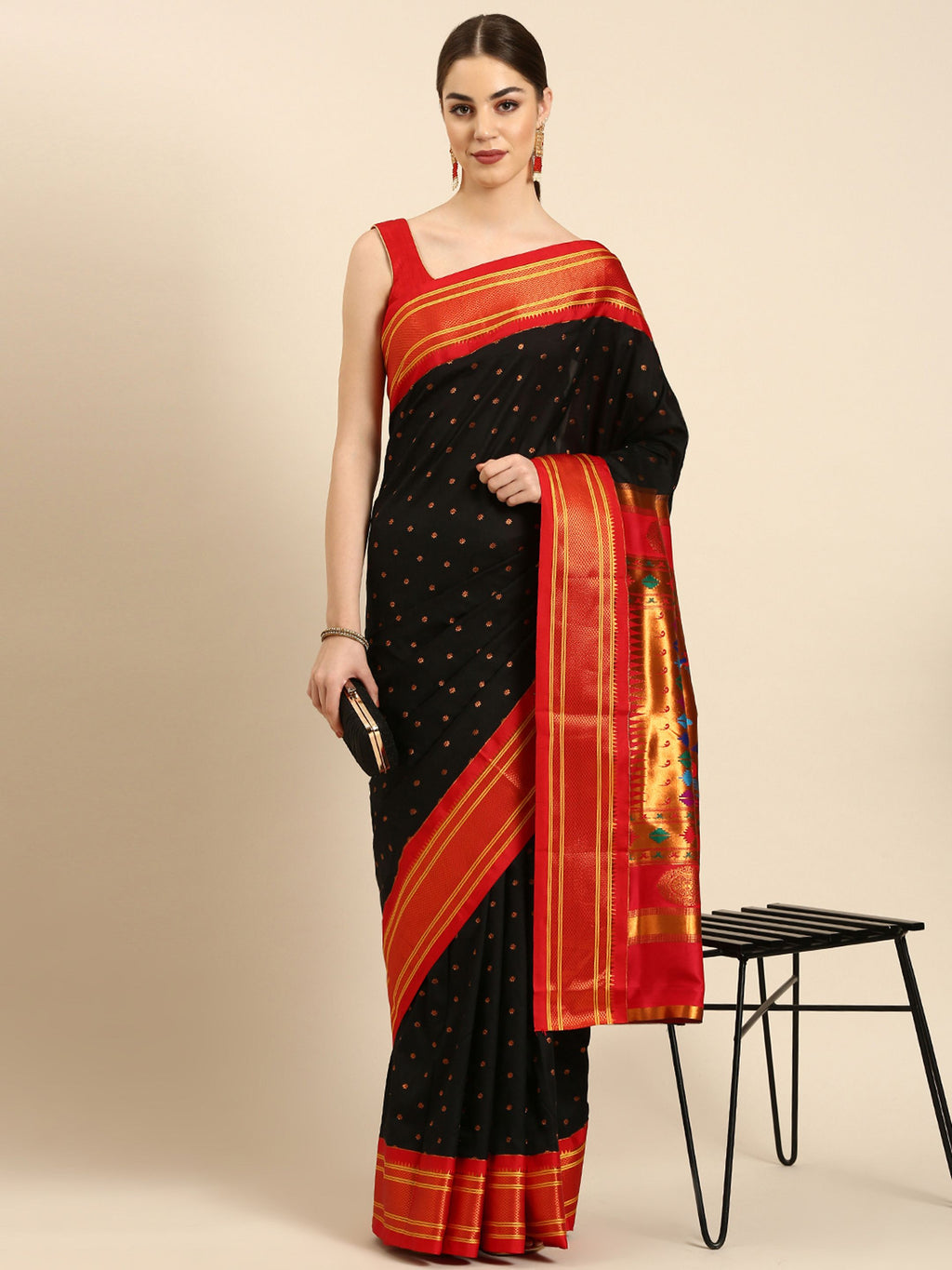 Double pallu paithani saree silk blend in black and red with zari star butti - front view for wedding wear
