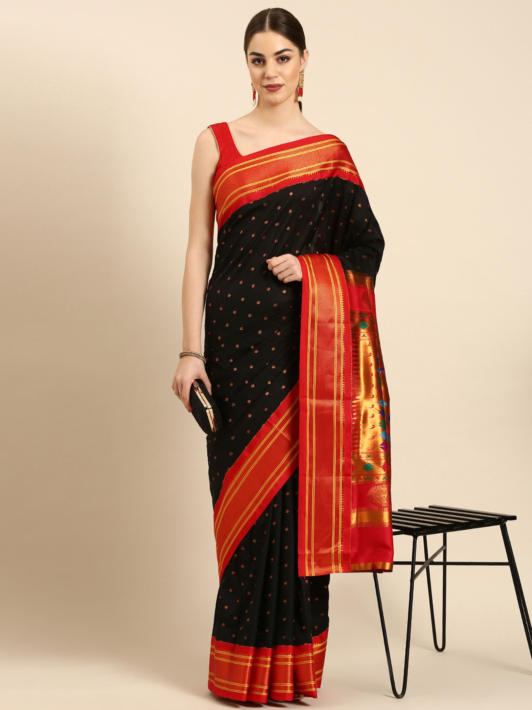 Double pallu paithani saree silk blend in black and red with zari star butti - front view for wedding wear