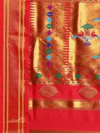 Double pallu paithani saree silk blend in black and red with zari star butti - pallu detail showing woven motif design for wedding wear