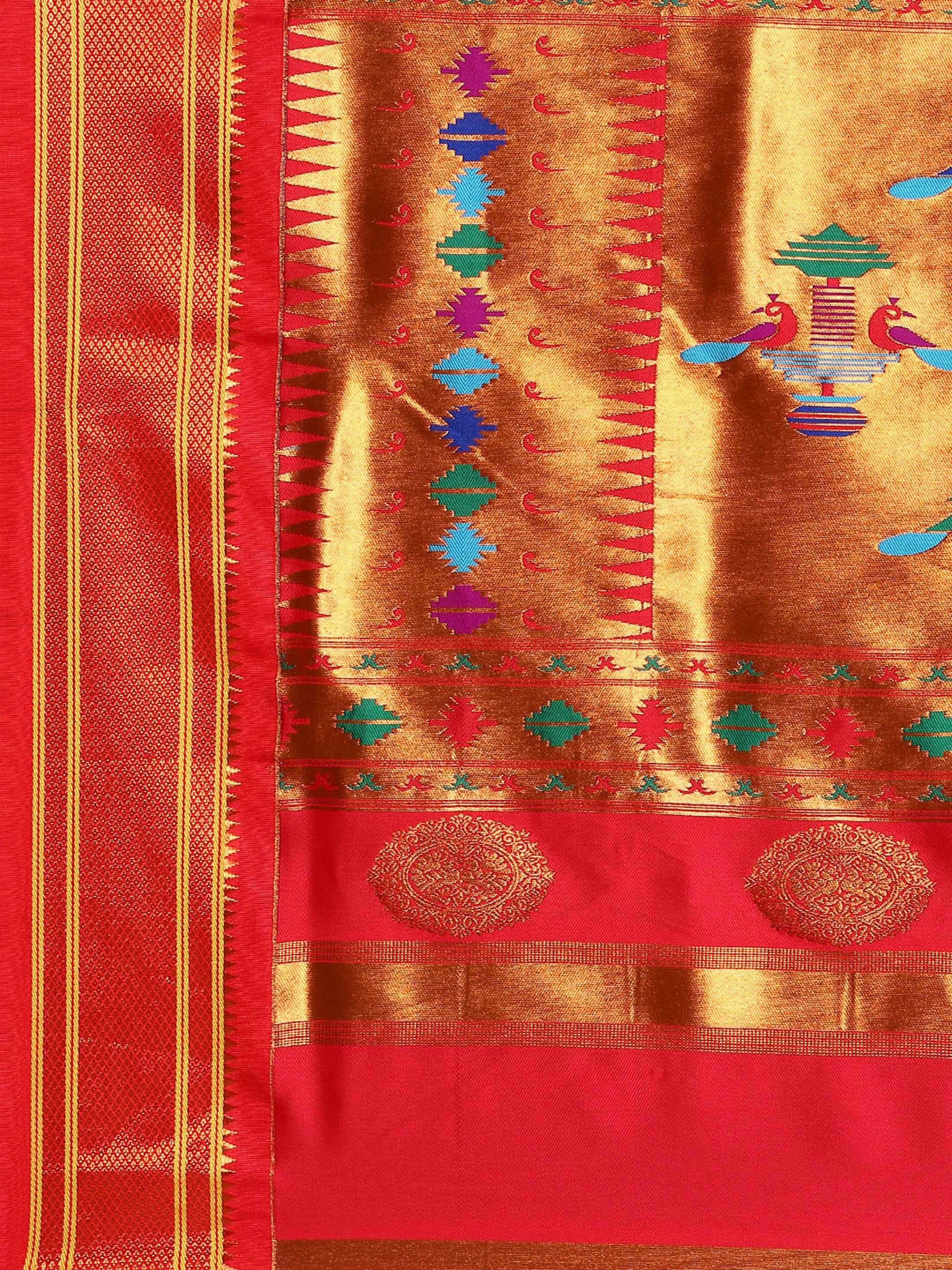 Double pallu paithani saree silk blend in black and red with zari star butti - pallu detail showing woven motif design for wedding wear