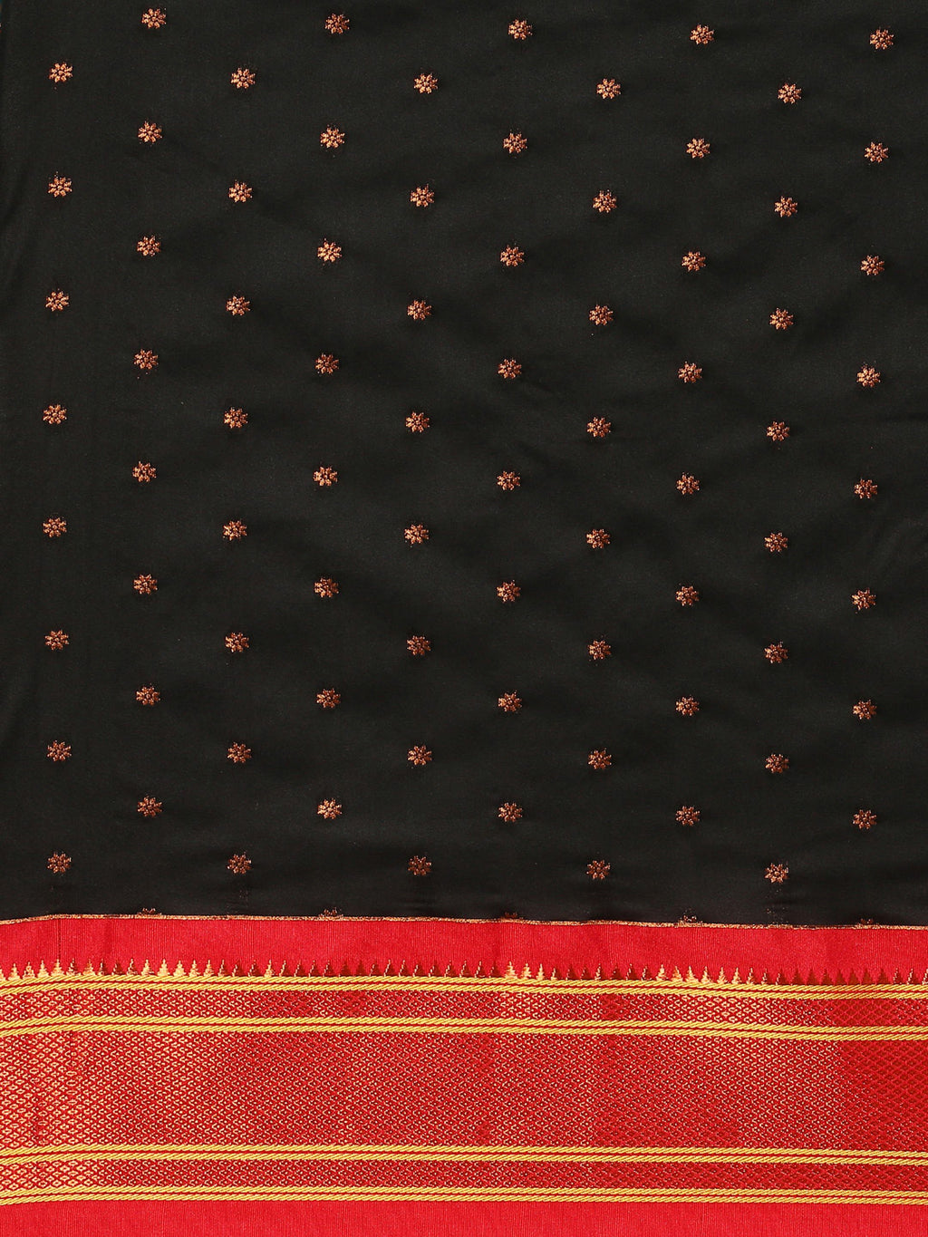 Double pallu paithani saree silk blend in black and red with zari star butti - body fabric detail showing motif design for wedding wear