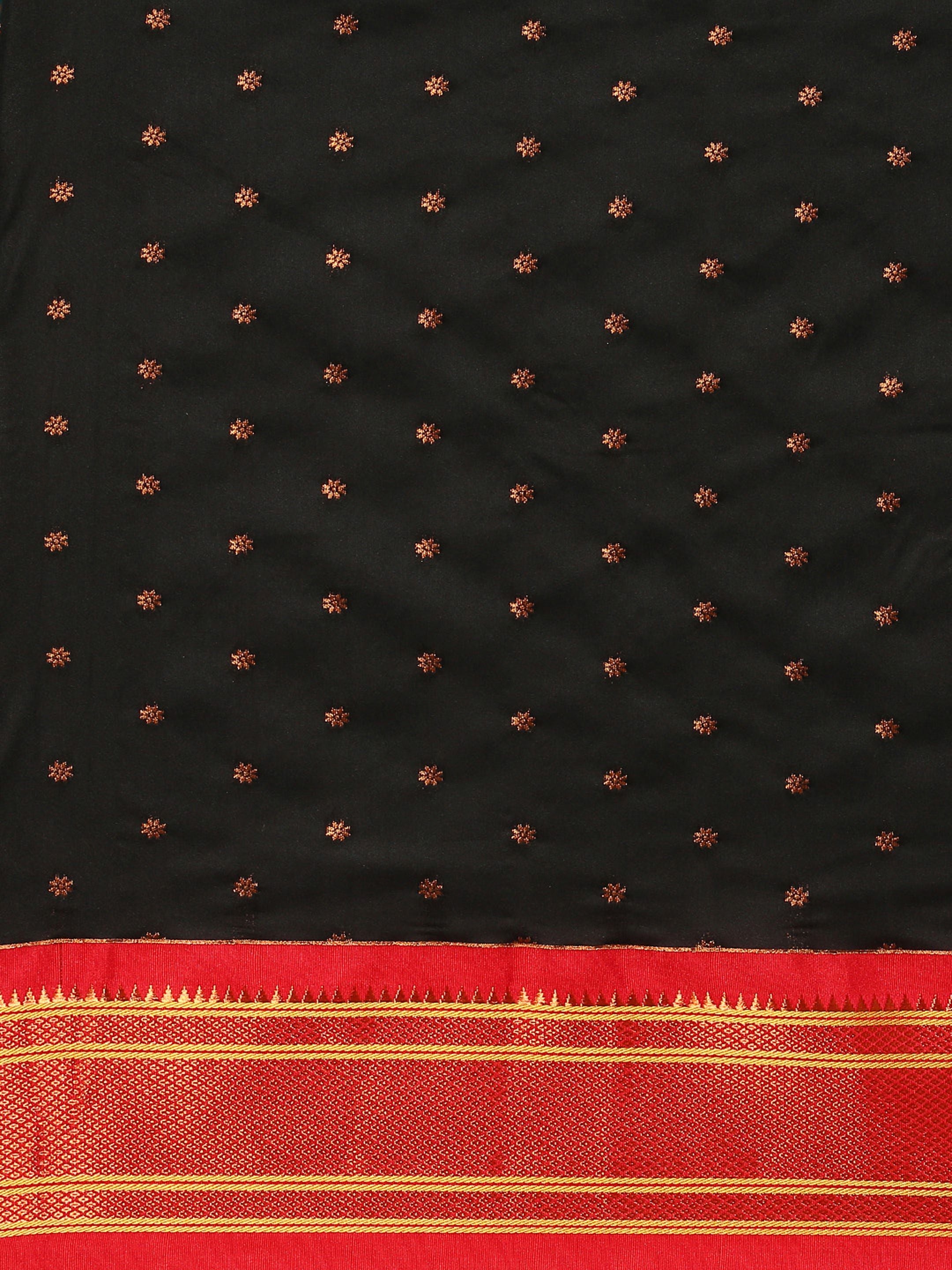 Double pallu paithani saree silk blend in black and red with zari star butti - body fabric detail showing motif design for wedding wear