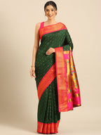 Double pallu paithani saree silk blend in bottle green and pink with zari star butti - front view for wedding wear