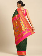 Double pallu paithani saree silk blend in bottle green and pink with zari star butti - back view showing pallu and border for wedding wear