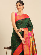 Double pallu paithani saree silk blend in bottle green and pink with zari star butti - closeup view showing fabric and zari work for wedding wear