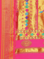 Double pallu paithani saree silk blend in bottle green and pink with zari star butti - pallu detail showing woven motif design for wedding wear
