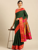 Double pallu paithani saree silk blend in bottle green and pink with zari star butti - styled model view for wedding wear