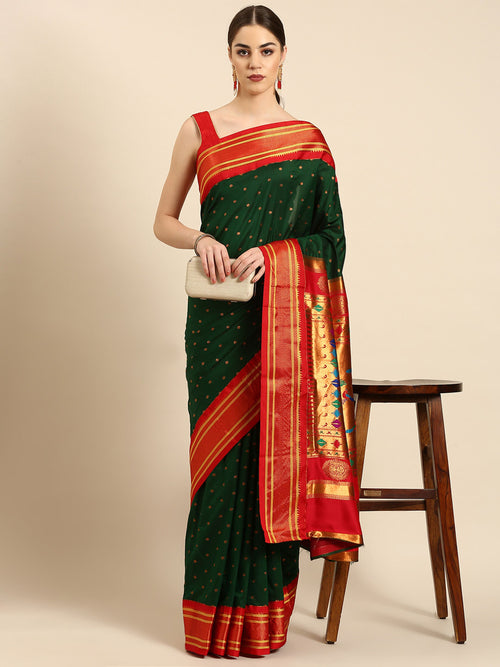 Double pallu paithani saree silk blend in bottle green and red with zari star butti - front view for wedding wear