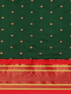 Double pallu paithani saree silk blend in bottle green and red with zari star butti - body fabric detail showing motif design for wedding wear