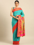 Double pallu paithani saree silk blend in chintamani and pink with zari star butti - front view for wedding wear
