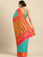 Double pallu paithani saree silk blend in chintamani and pink with zari star butti - back view showing pallu and border for wedding wear