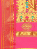 Double pallu paithani saree silk blend in chintamani and pink with zari star butti - pallu detail showing woven motif design for wedding wear