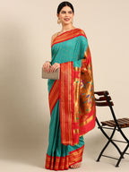 Double pallu paithani saree silk blend in chintamani and red with zari star butti - front view for wedding wear