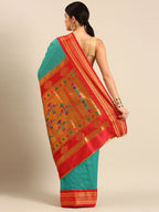 Double pallu paithani saree silk blend in chintamani and red with zari star butti - back view showing pallu and border for wedding wear
