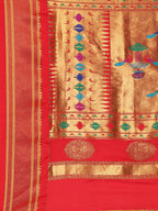 Double pallu paithani saree silk blend in chintamani and red with zari star butti - pallu detail showing woven motif design for wedding wear