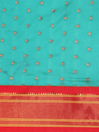 Double pallu paithani saree silk blend in chintamani and red with zari star butti - body fabric detail showing motif design for wedding wear