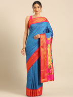Double pallu paithani saree silk blend in firozi and pink with zari star butti - front view for wedding wear