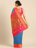 Double pallu paithani saree silk blend in firozi and pink with zari star butti - back view showing pallu and border for wedding wear