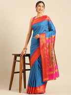 Double pallu paithani saree silk blend in firozi and pink with zari star butti - styled model view for wedding wear