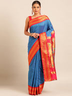Double pallu paithani saree silk blend in firozi and red with zari star butti - front view for wedding wear