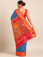 Double pallu paithani saree silk blend in firozi and red with zari star butti - back view showing pallu and border for wedding wear
