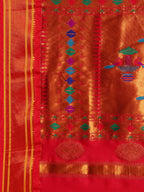 Double pallu paithani saree silk blend in firozi and red with zari star butti - pallu detail showing woven motif design for wedding wear