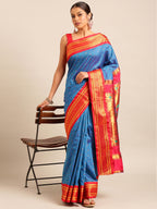 Double pallu paithani saree silk blend in firozi and red with zari star butti - styled model view for wedding wear