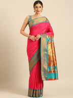 Double pallu paithani saree silk blend in hot, pink and rama with zari star butti - front view for wedding wear