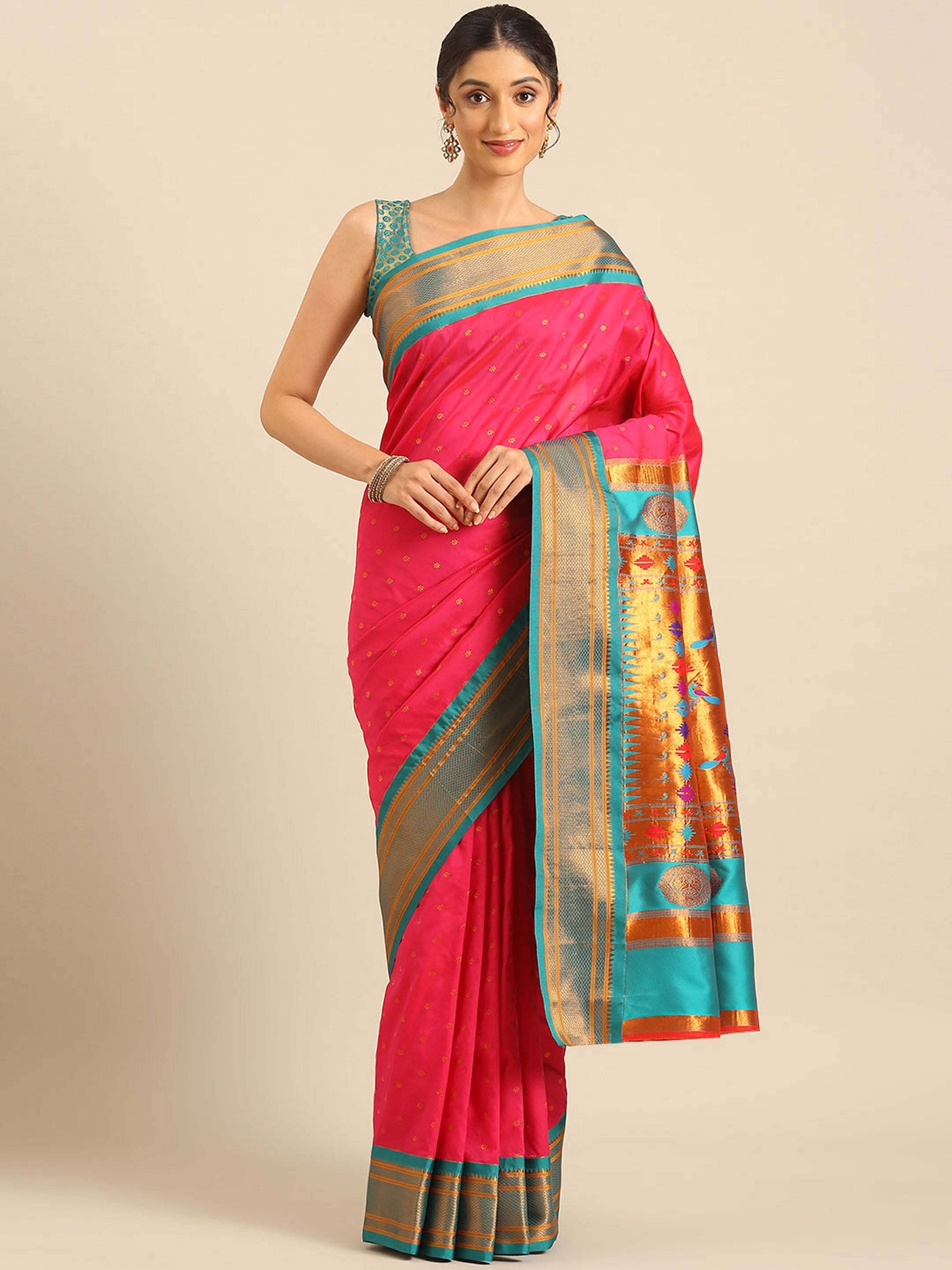 Double Pallu Paithani Saree Silk Blend | Zari Star Butti | Wedding Wear