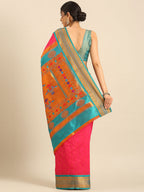 Double pallu paithani saree silk blend in hot, pink and rama with zari star butti - back view showing pallu and border for wedding wear