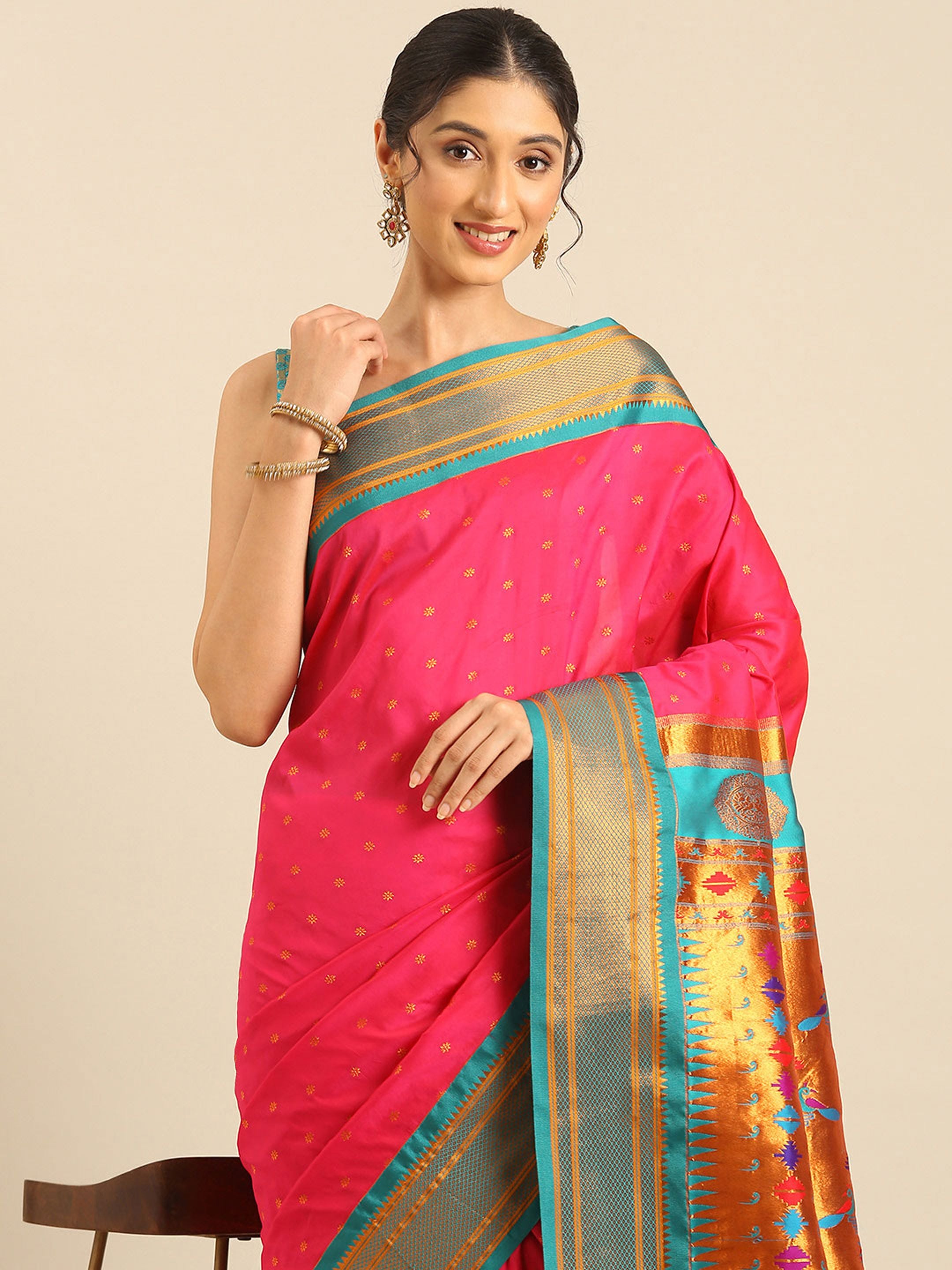 Double Pallu Paithani Saree Silk Blend | Zari Star Butti | Wedding Wear