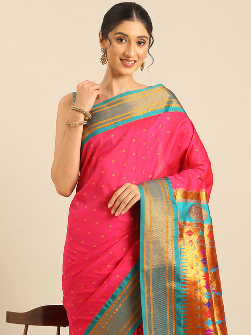 Double pallu paithani saree soft silk in hot pink and rama with zari star butti - closeup view showing fabric and zari work for wedding wear