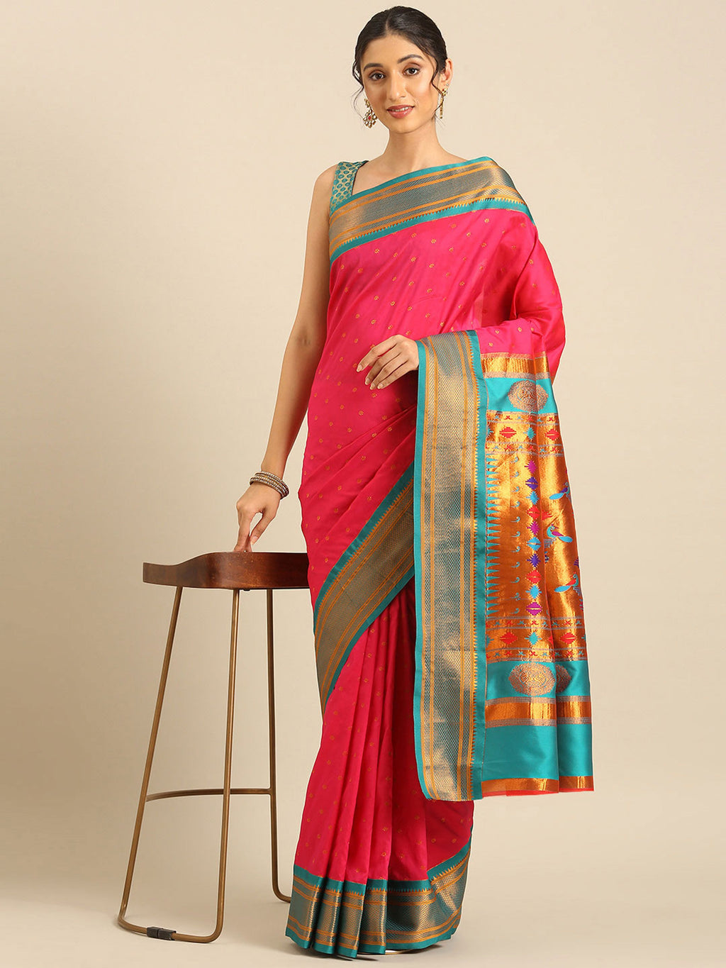 Double Pallu Paithani Saree Silk Blend | Zari Star Butti | Wedding Wear