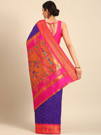 Double pallu paithani saree silk blend in indigo blue and pink with zari star butti - back view showing pallu and border for wedding wear