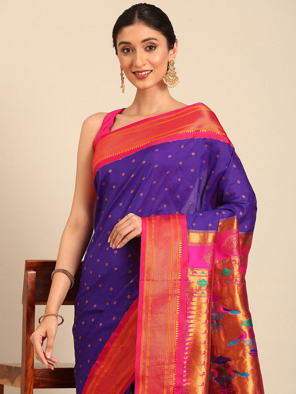 Double Pallu Paithani Saree Silk Blend | Zari Star Butti | Wedding Wear