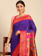Double pallu paithani saree silk blend in indigo blue and pink with zari star butti - closeup view showing fabric and zari work for wedding wear