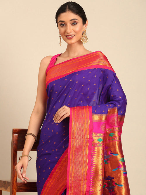 Double pallu paithani saree soft silk in indigo blue and pink with zari star butti - closeup view showing fabric and zari work for wedding wear