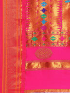 Double pallu paithani saree silk blend in indigo blue and pink with zari star butti - pallu detail showing woven motif design for wedding wear