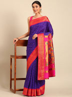 Double pallu paithani saree silk blend in indigo blue and pink with zari star butti - styled model view for wedding wear