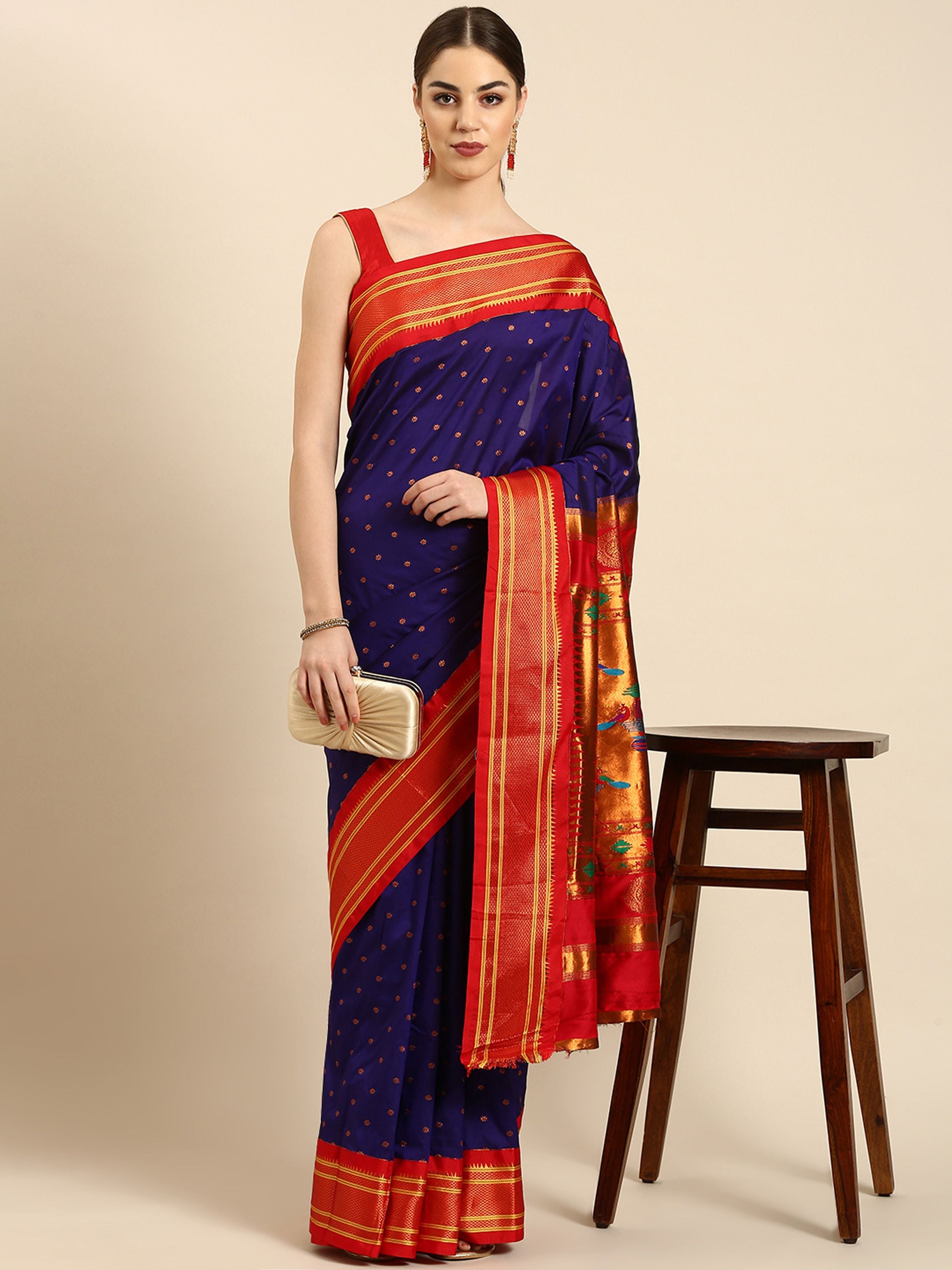 Double Pallu Paithani Saree Silk Blend | Zari Star Butti | Wedding Wear