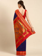 Double pallu paithani saree silk blend in indigo blue and red with zari star butti - back view showing pallu and border for wedding wear