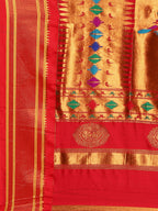 Double pallu paithani saree silk blend in indigo blue and red with zari star butti - pallu detail showing woven motif design for wedding wear
