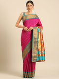Double pallu paithani saree silk blend in magenta and rama with zari star butti - front view for wedding wear