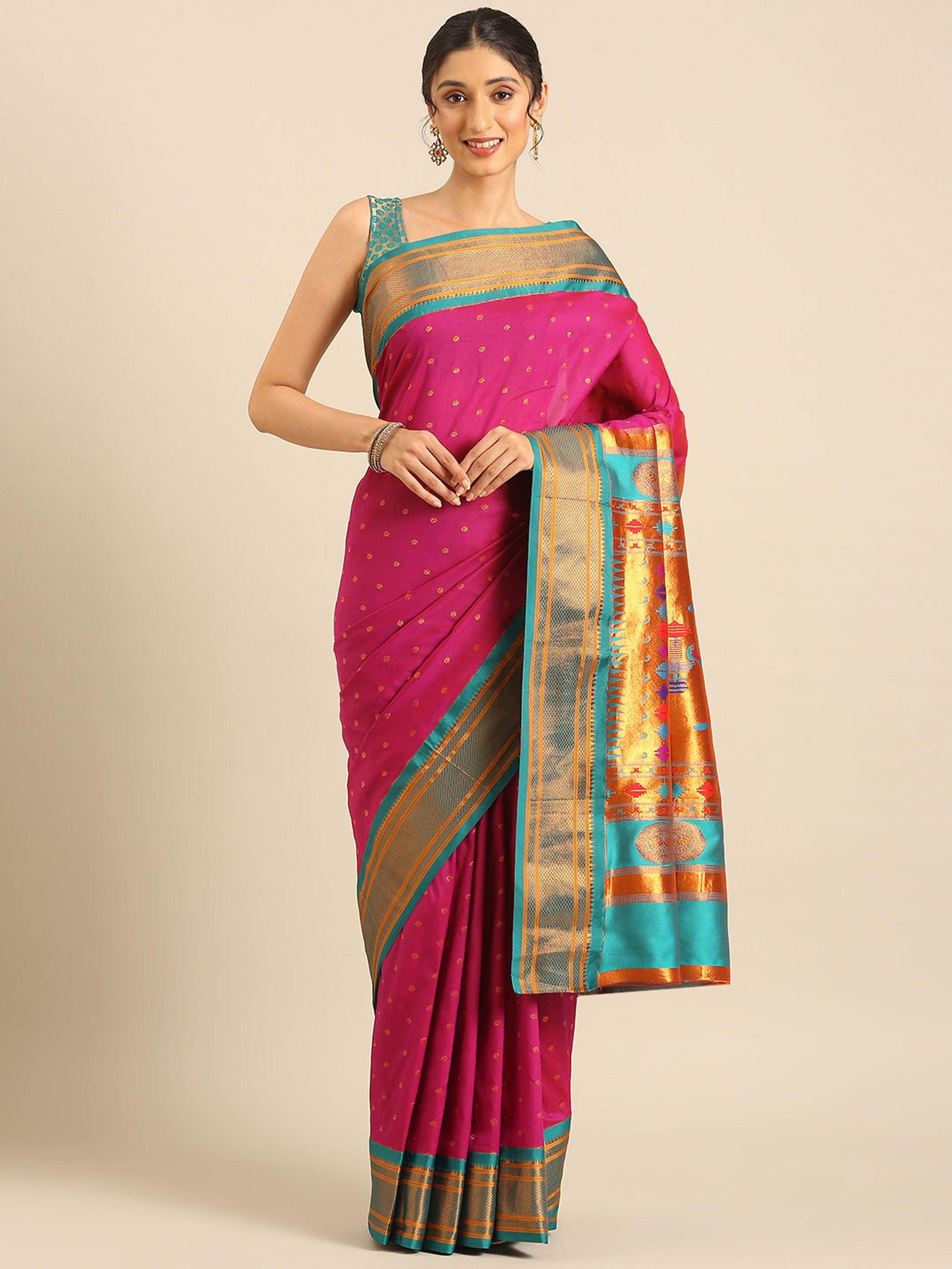 Double pallu paithani saree silk blend in magenta and rama with zari star butti - front view for wedding wear