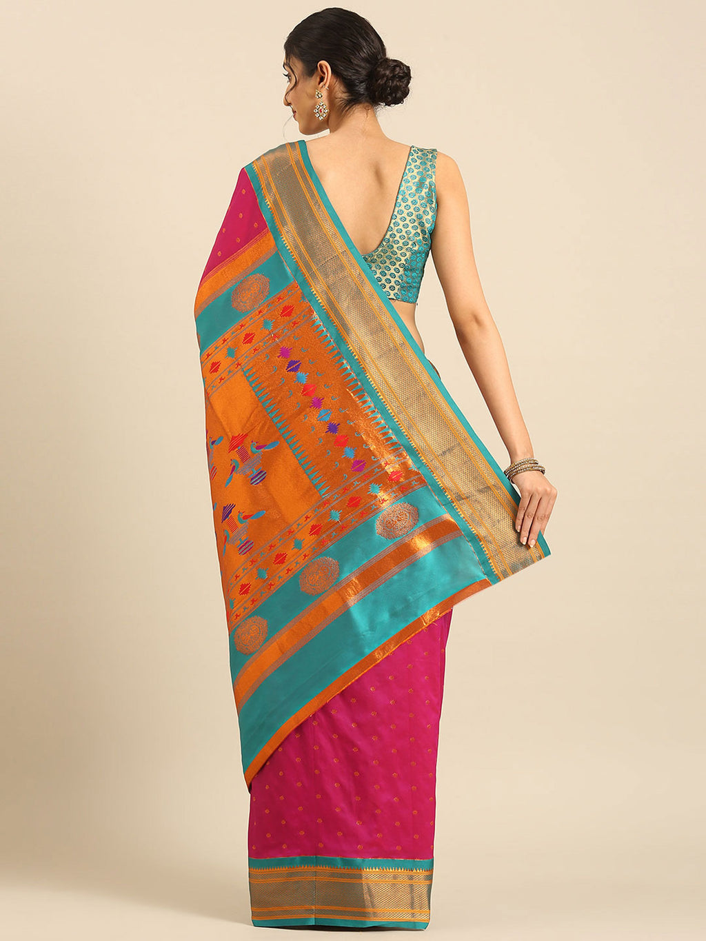 Double pallu paithani saree silk blend in magenta and rama with zari star butti - back view showing pallu and border for wedding wear