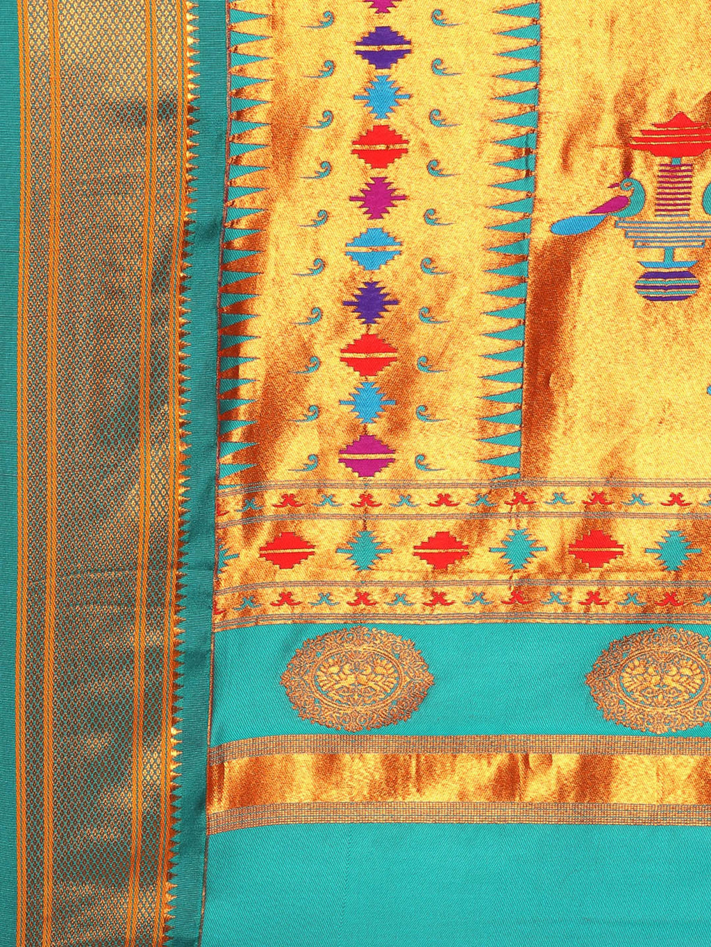 Double pallu paithani saree silk blend in magenta and rama with zari star butti - pallu detail showing woven motif design for wedding wear