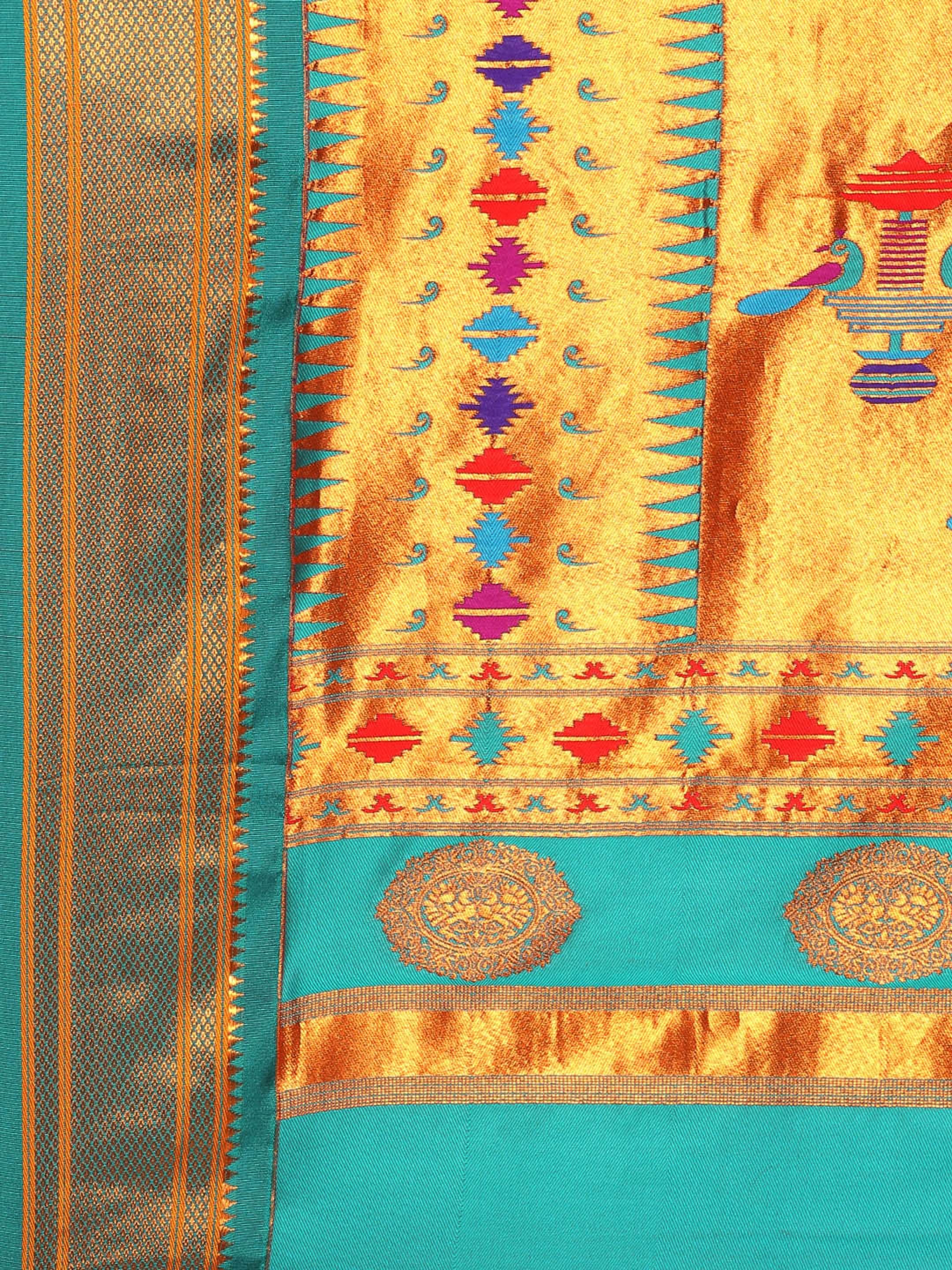 Double pallu paithani saree silk blend in magenta and rama with zari star butti - pallu detail showing woven motif design for wedding wear