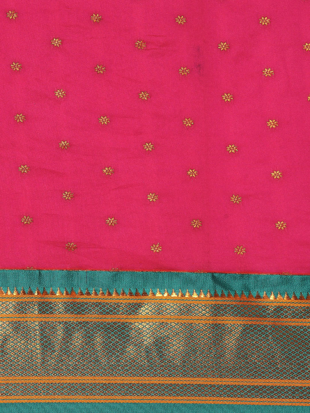 Double pallu paithani saree silk blend in magenta and rama with zari star butti - body fabric detail showing motif design for wedding wear